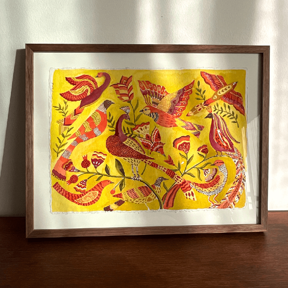 ציפורים על רקע צהוב